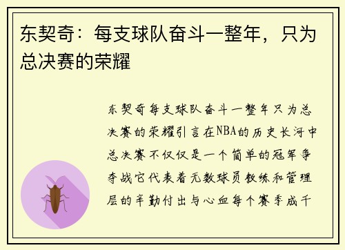 东契奇：每支球队奋斗一整年，只为总决赛的荣耀