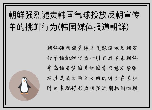 朝鲜强烈谴责韩国气球投放反朝宣传单的挑衅行为(韩国媒体报道朝鲜)