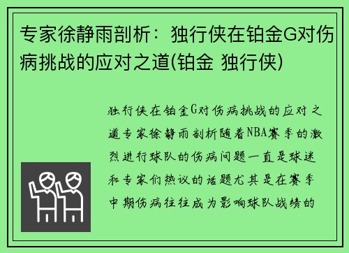 专家徐静雨剖析：独行侠在铂金G对伤病挑战的应对之道(铂金 独行侠)