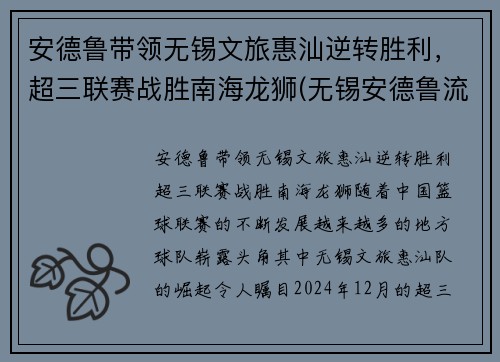 安德鲁带领无锡文旅惠汕逆转胜利，超三联赛战胜南海龙狮(无锡安德鲁流体控制有限公司)