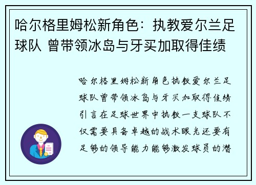 哈尔格里姆松新角色：执教爱尔兰足球队 曾带领冰岛与牙买加取得佳绩