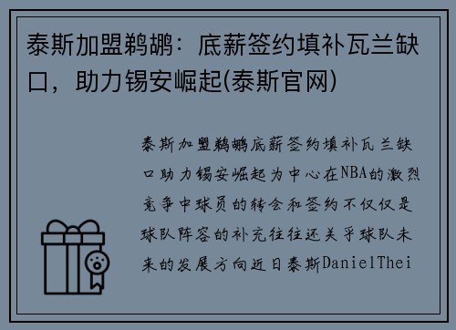 泰斯加盟鹈鹕：底薪签约填补瓦兰缺口，助力锡安崛起(泰斯官网)