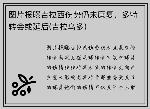 图片报曝吉拉西伤势仍未康复，多特转会或延后(吉拉乌多)