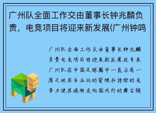 广州队全面工作交由董事长钟兆麟负责，电竞项目将迎来新发展(广州钟鸣简历)