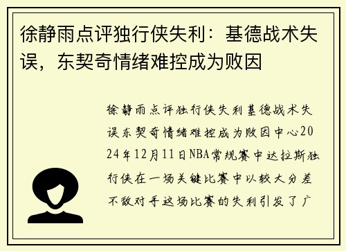 徐静雨点评独行侠失利：基德战术失误，东契奇情绪难控成为败因