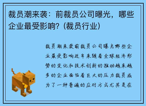 裁员潮来袭：前裁员公司曝光，哪些企业最受影响？(裁员行业)