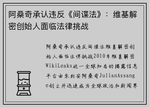 阿桑奇承认违反《间谍法》：维基解密创始人面临法律挑战