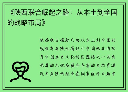 《陕西联合崛起之路：从本土到全国的战略布局》