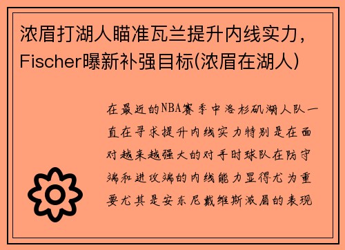 浓眉打湖人瞄准瓦兰提升内线实力，Fischer曝新补强目标(浓眉在湖人)