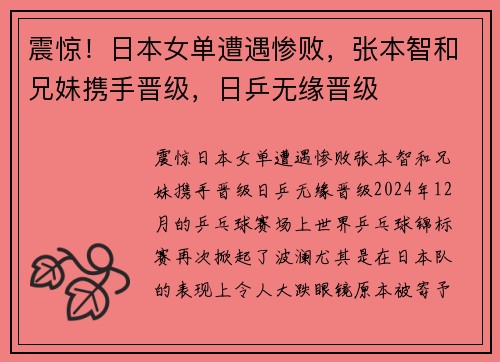 震惊！日本女单遭遇惨败，张本智和兄妹携手晋级，日乒无缘晋级